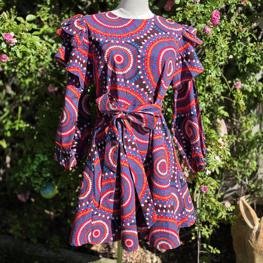 Women’s Red & Blue Printed Ruffle Sleeve Statement Dress with Waist Tie Size M
